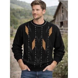 Vtg Norm Thompson Men Black Geometric Knit Sweater XL Wool Blend Crew Neck Black